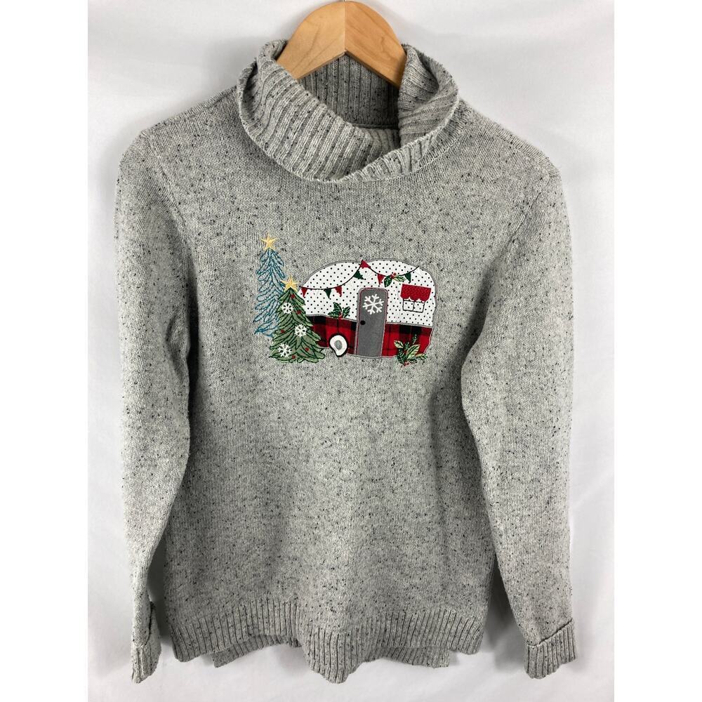 Christopher & Banks Grey Mock Neck Christmas Camper Novelty Sweater Medium